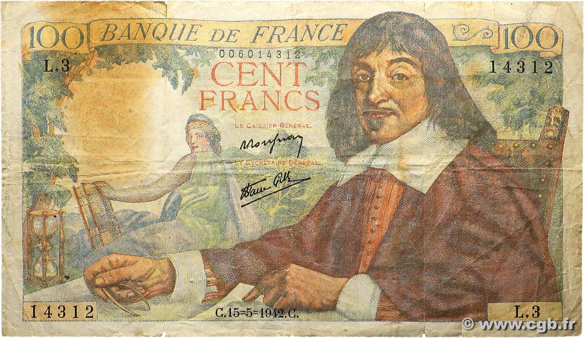 100 Francs DESCARTES FRANCIA  1942 F.27.01 RC+