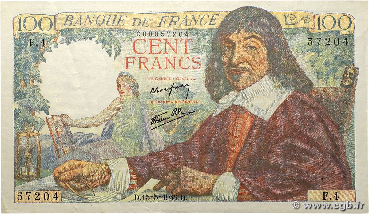 100 Francs DESCARTES FRANCE  1942 F.27.01 TTB+