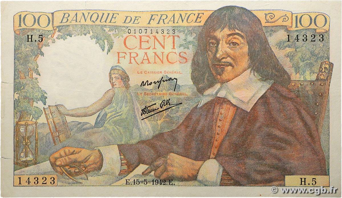 100 Francs DESCARTES FRANCE  1942 F.27.01 TB+