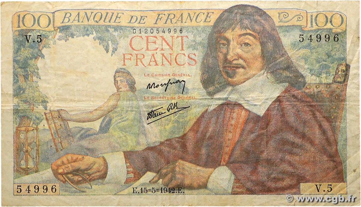 100 Francs DESCARTES FRANCE  1942 F.27.01 pr.TB