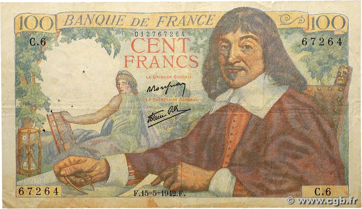 100 Francs DESCARTES FRANCE  1942 F.27.01 TB