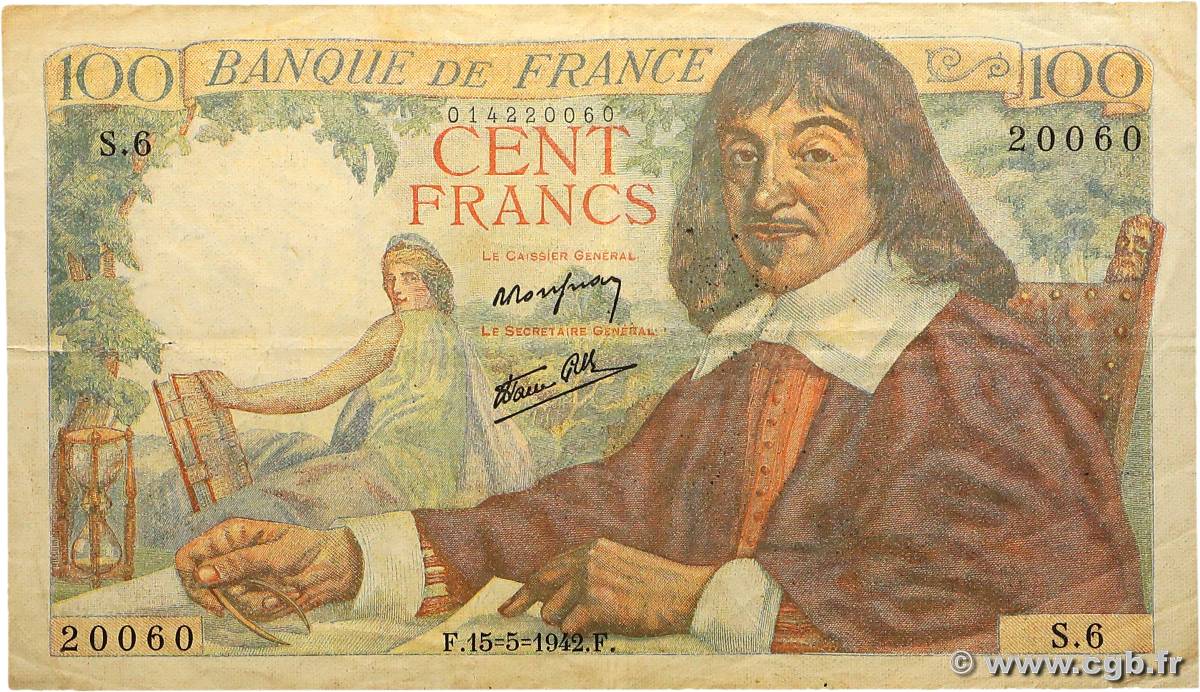 100 Francs DESCARTES FRANCE  1942 F.27.01 TB