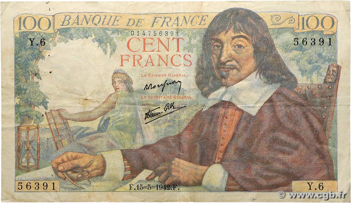 100 Francs DESCARTES FRANCE  1942 F.27.01 TB+