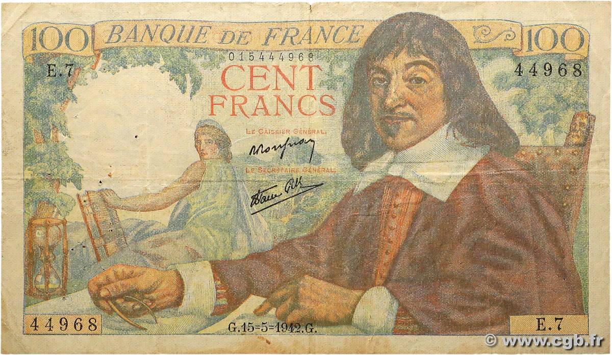 100 Francs DESCARTES FRANCE  1942 F.27.01 TB
