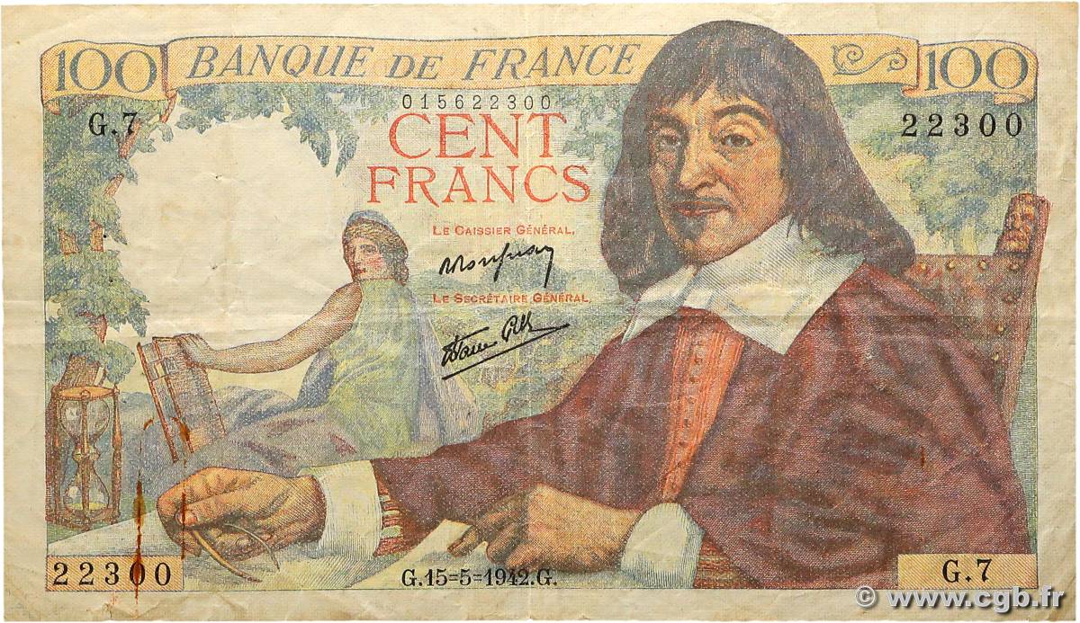 100 Francs DESCARTES FRANCIA  1942 F.27.01 BC
