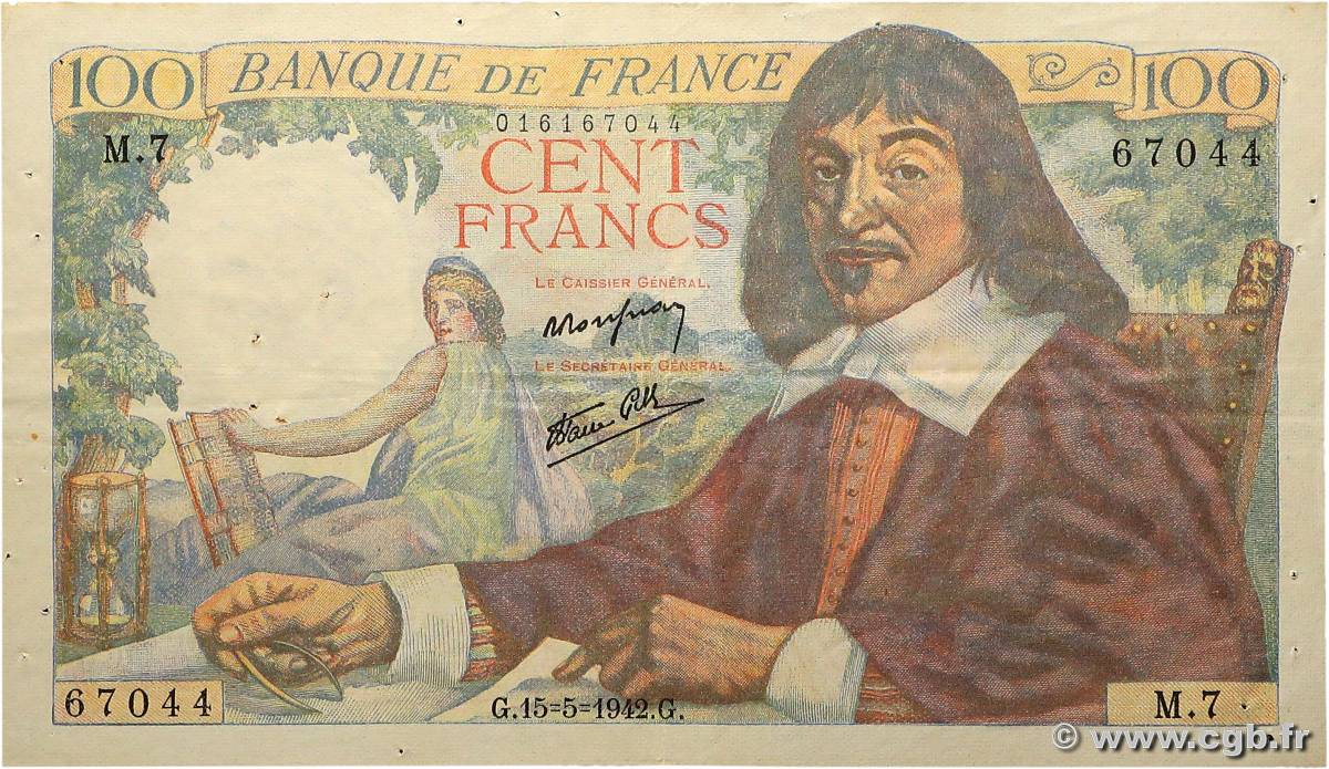100 Francs DESCARTES FRANCE  1942 F.27.01 TTB
