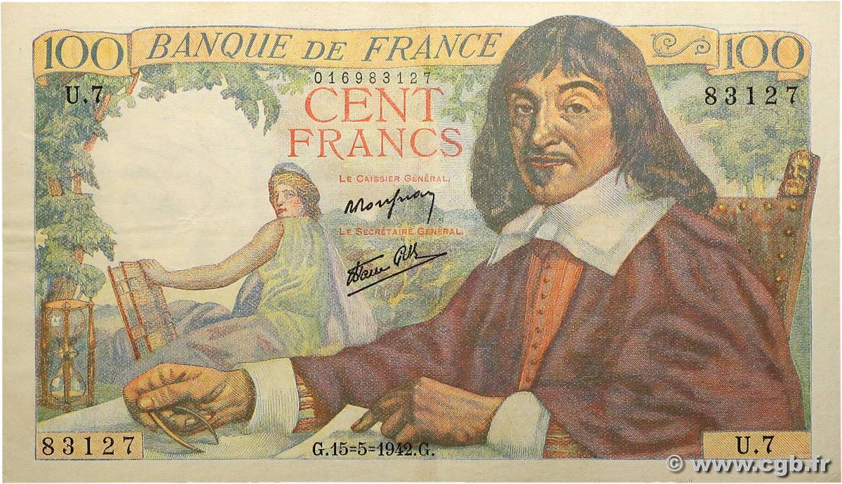 100 Francs DESCARTES FRANCE  1942 F.27.01 VF+