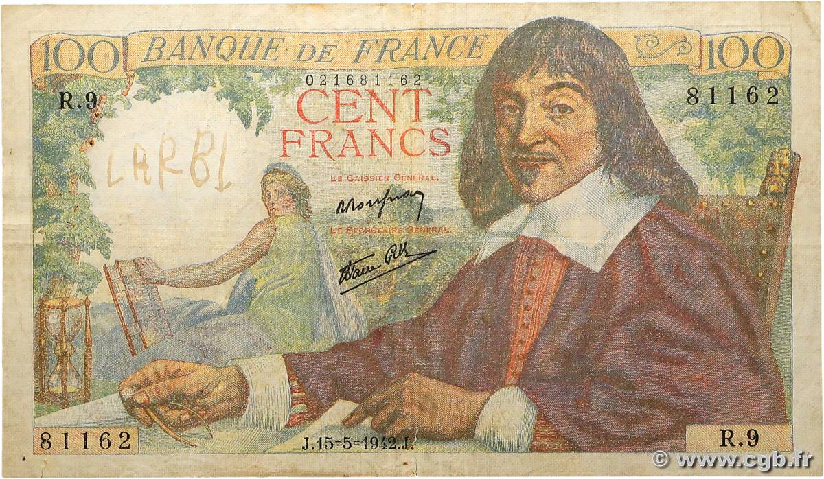 100 Francs DESCARTES FRANCE  1942 F.27.01 B+