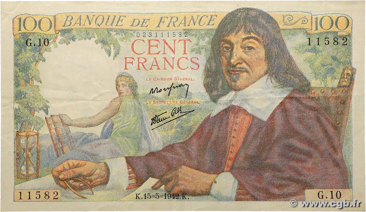 100 Francs DESCARTES FRANCE  1942 F.27.01 VF