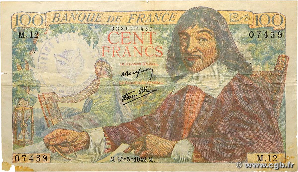100 Francs DESCARTES FRANCE  1942 F.27.01 VG