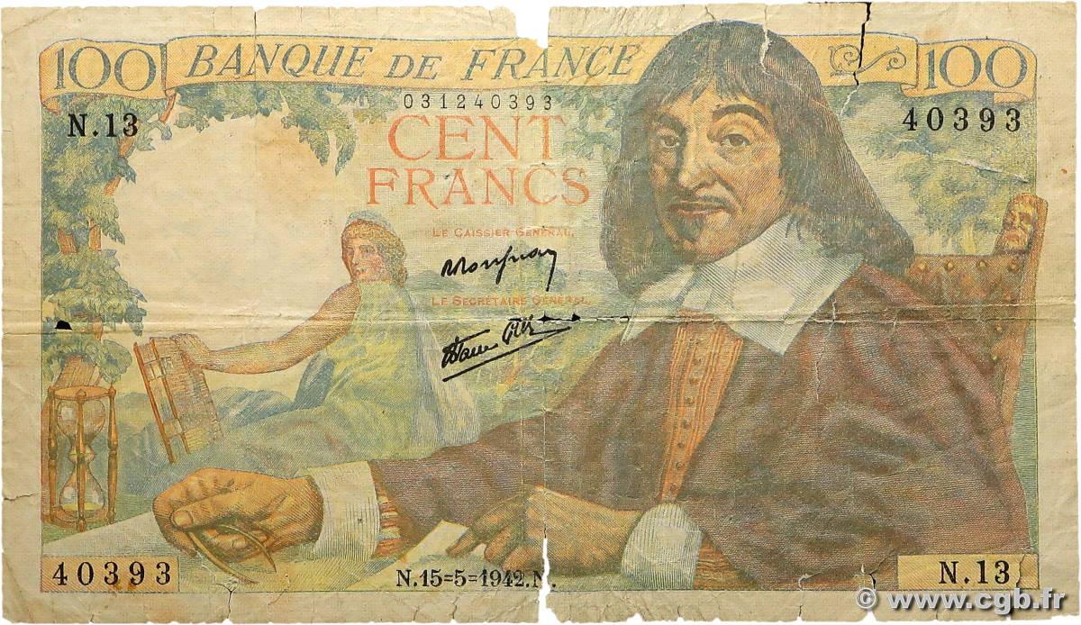 100 Francs DESCARTES FRANCE  1942 F.27.01 P