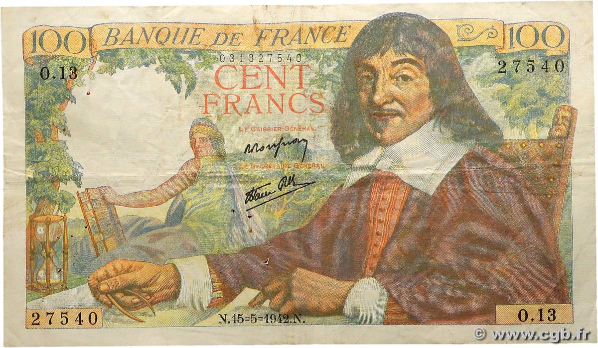 100 Francs DESCARTES FRANKREICH  1942 F.27.01 fSS