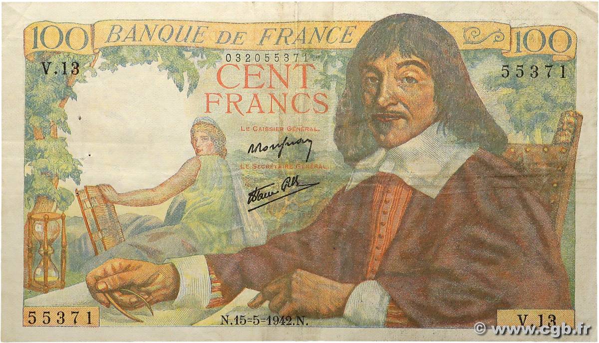 100 Francs DESCARTES FRANCE  1942 F.27.01 VF-