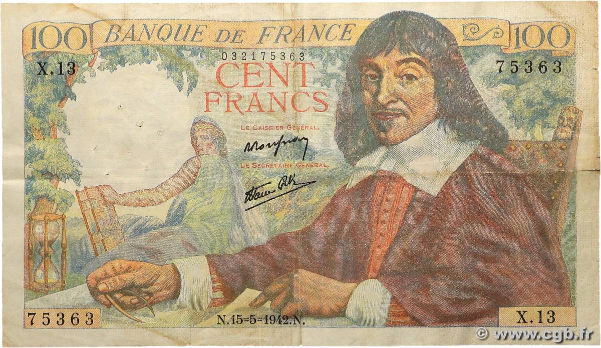 100 Francs DESCARTES FRANCE  1942 F.27.01 TB+