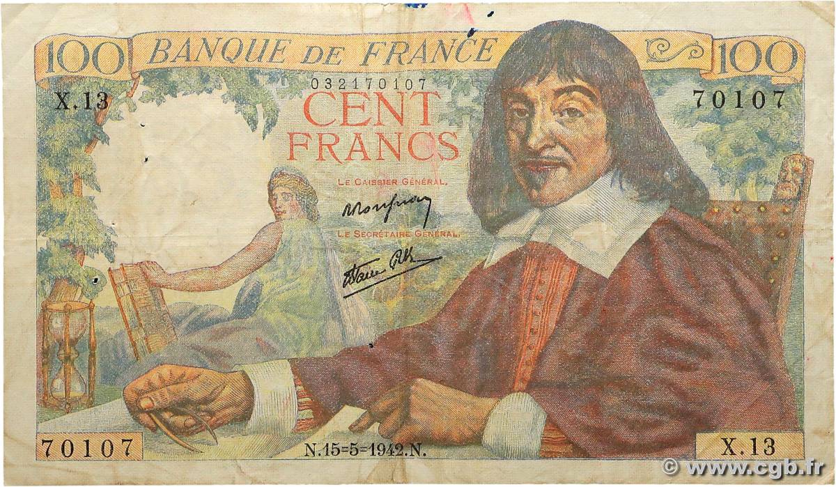 100 Francs DESCARTES Numéro radar FRANCE  1942 F.27.01 TB+