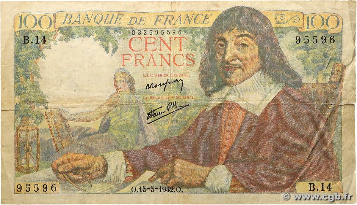 100 Francs DESCARTES FRANCE  1942 F.27.01 pr.TB