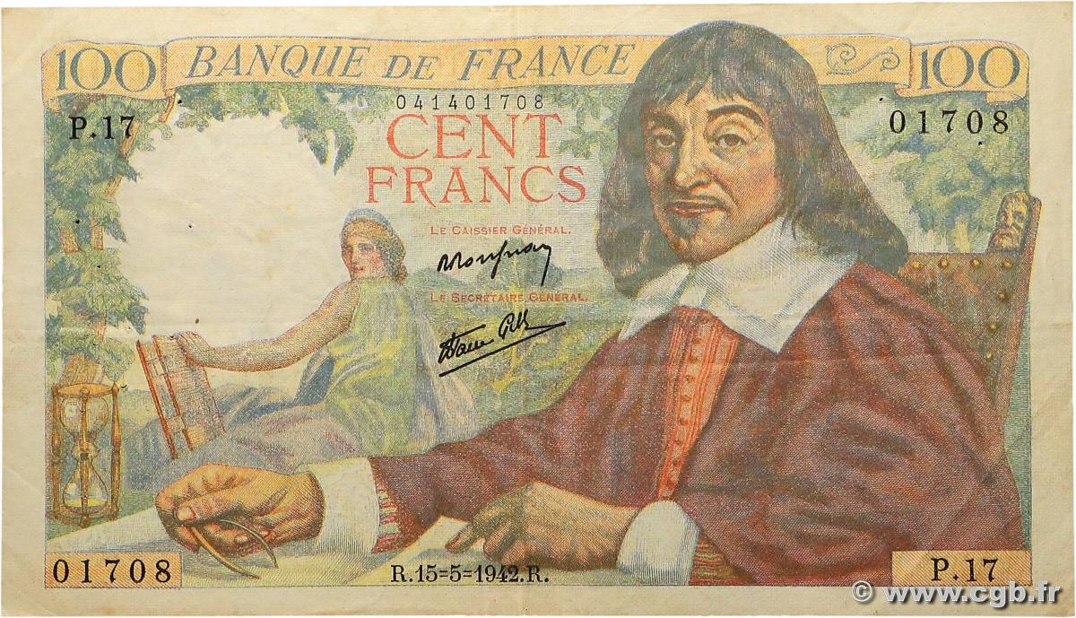 100 Francs DESCARTES FRANCE  1942 F.27.01 pr.TTB