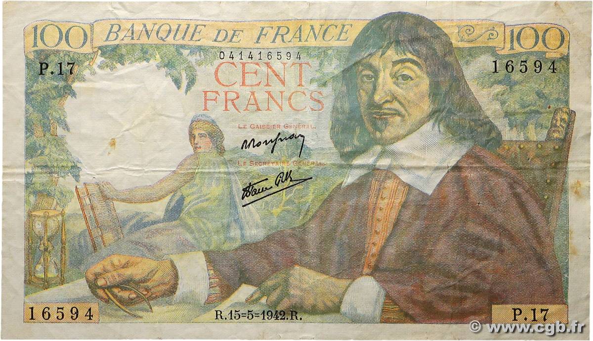 100 Francs DESCARTES FRANCE  1942 F.27.01 TB