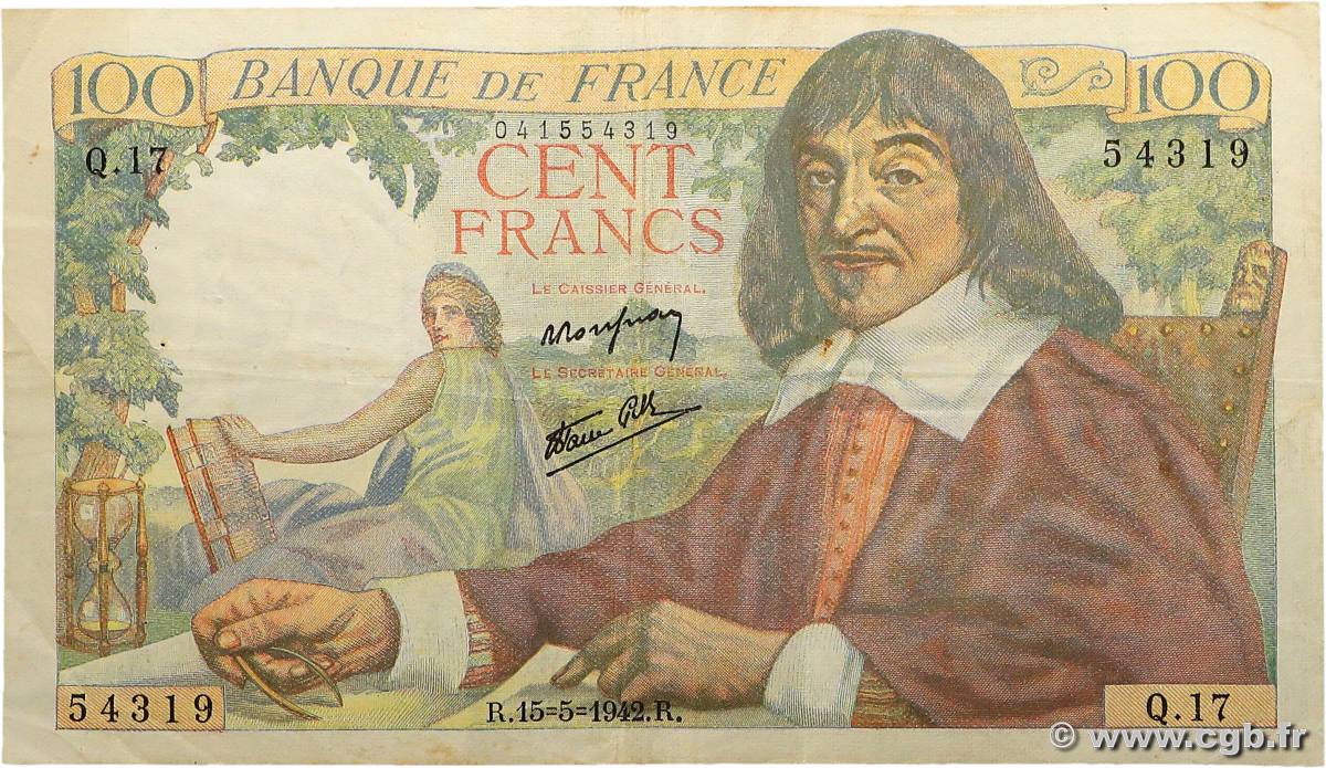 100 Francs DESCARTES FRANCE  1942 F.27.01 pr.TTB