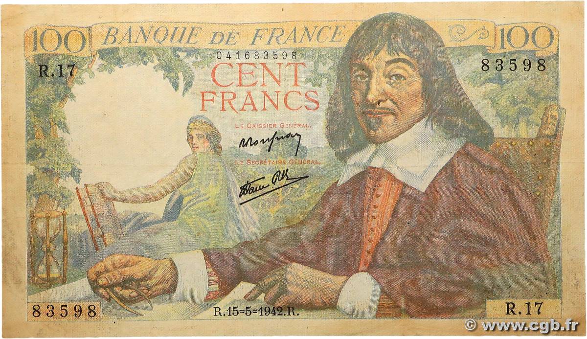 100 Francs DESCARTES FRANCE  1942 F.27.01 TB