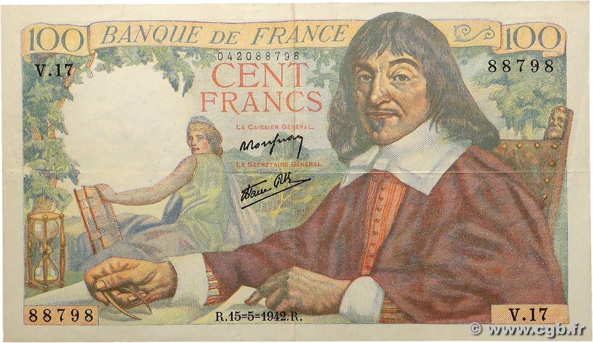 100 Francs DESCARTES FRANCE  1942 F.27.01 TTB+