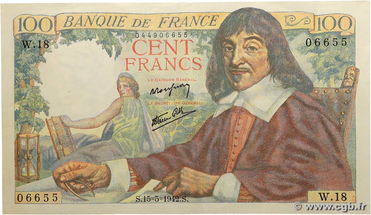 100 Francs DESCARTES FRANCE  1942 F.27.01 VF+