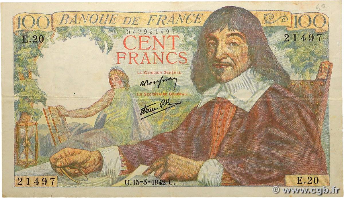 100 Francs DESCARTES FRANCE  1942 F.27.01 TB+