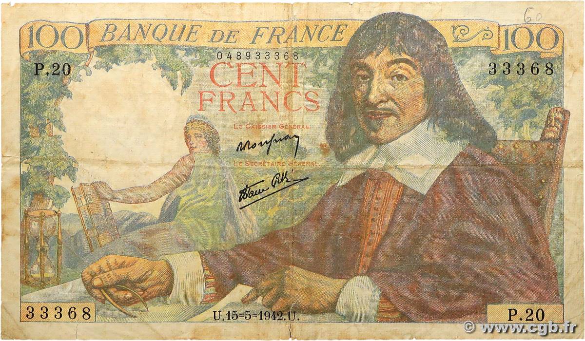 100 Francs DESCARTES FRANCE  1942 F.27.01 VG