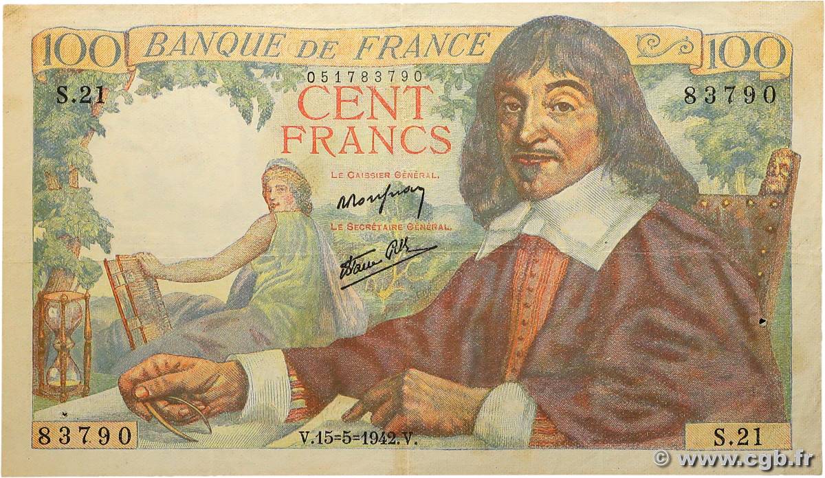 100 Francs DESCARTES FRANCE  1942 F.27.01 TB+