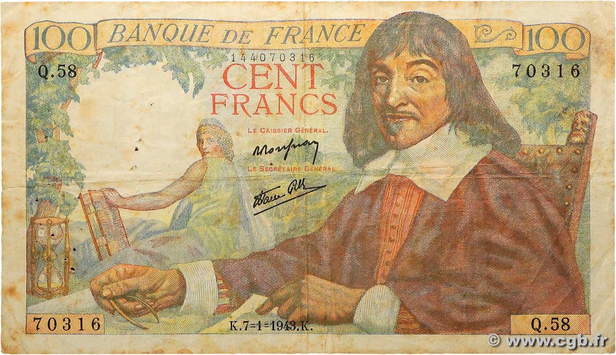 100 Francs DESCARTES FRANCE  1943 F.27.03 TB