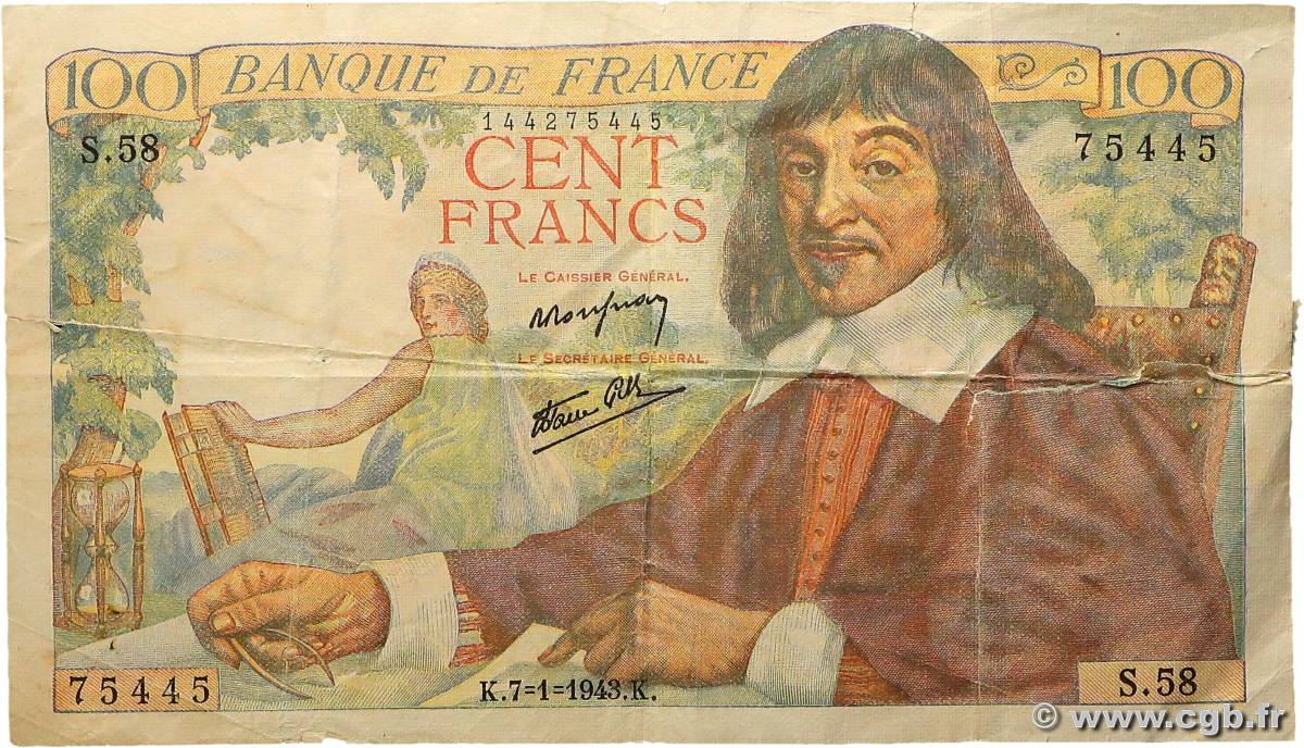 100 Francs DESCARTES FRANCE  1943 F.27.03 TB