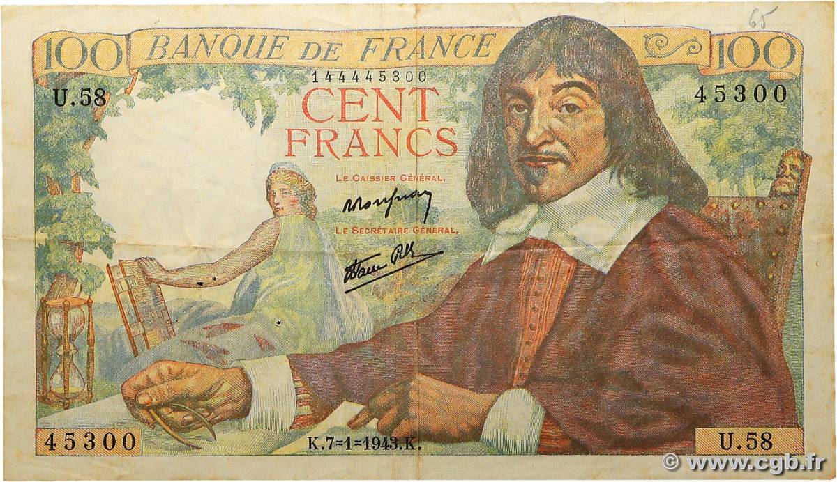 100 Francs DESCARTES FRANCE  1943 F.27.03 TB+