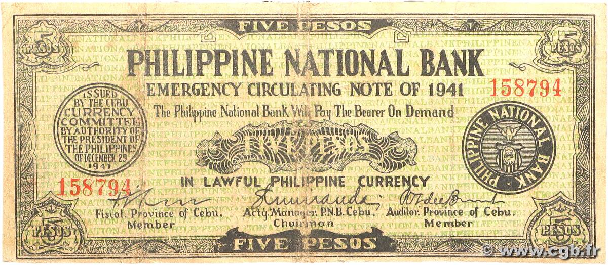 5 Pesos PHILIPPINES  1941 PS.216b F