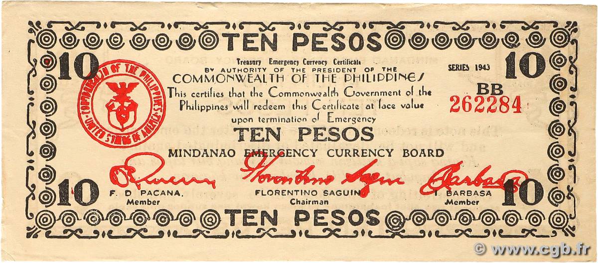 10 Pesos PHILIPPINES  1943 PS.508a VF+