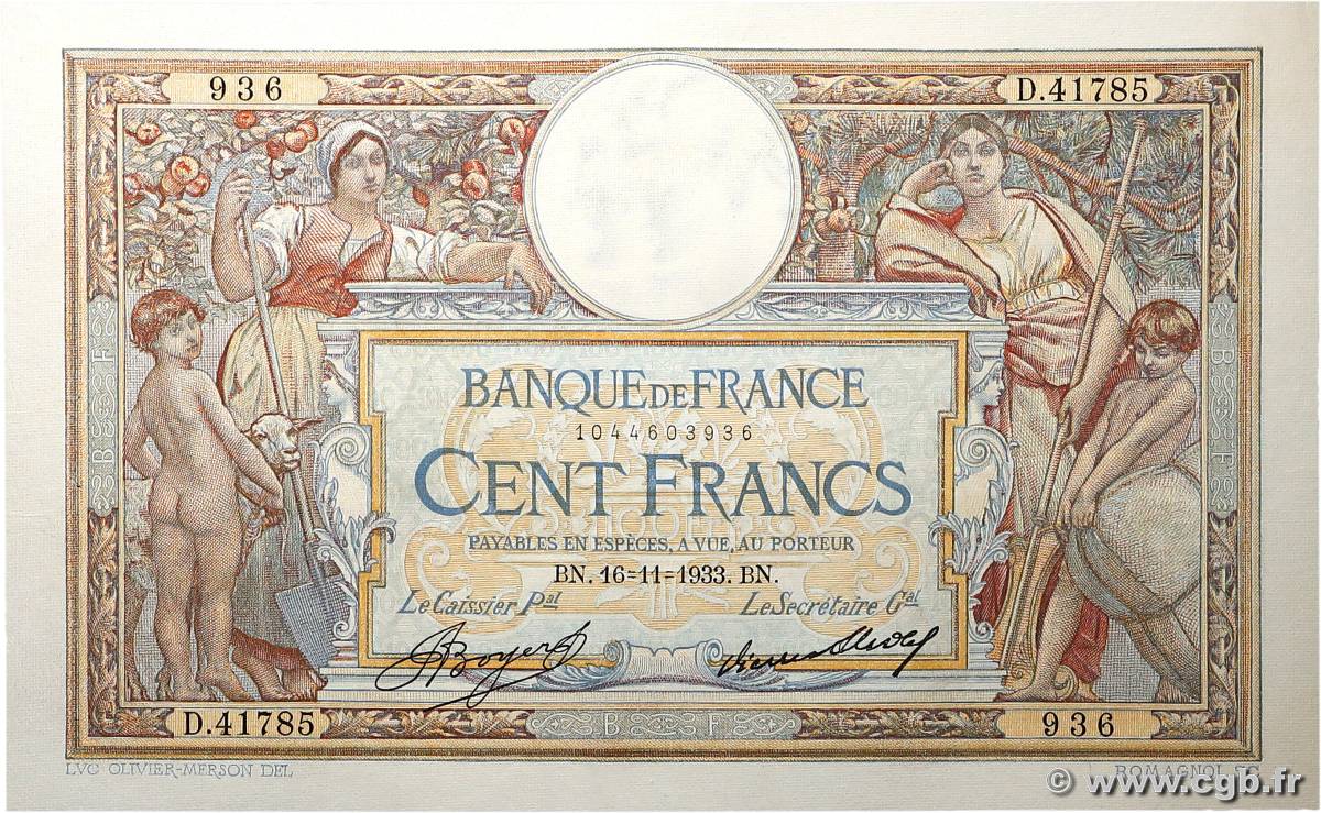 100 Francs LUC OLIVIER MERSON grands cartouches FRANCIA  1933 F.24.12 EBC+