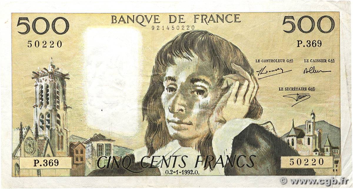 500 Francs PASCAL FRANCE  1992 F.71.49 VF