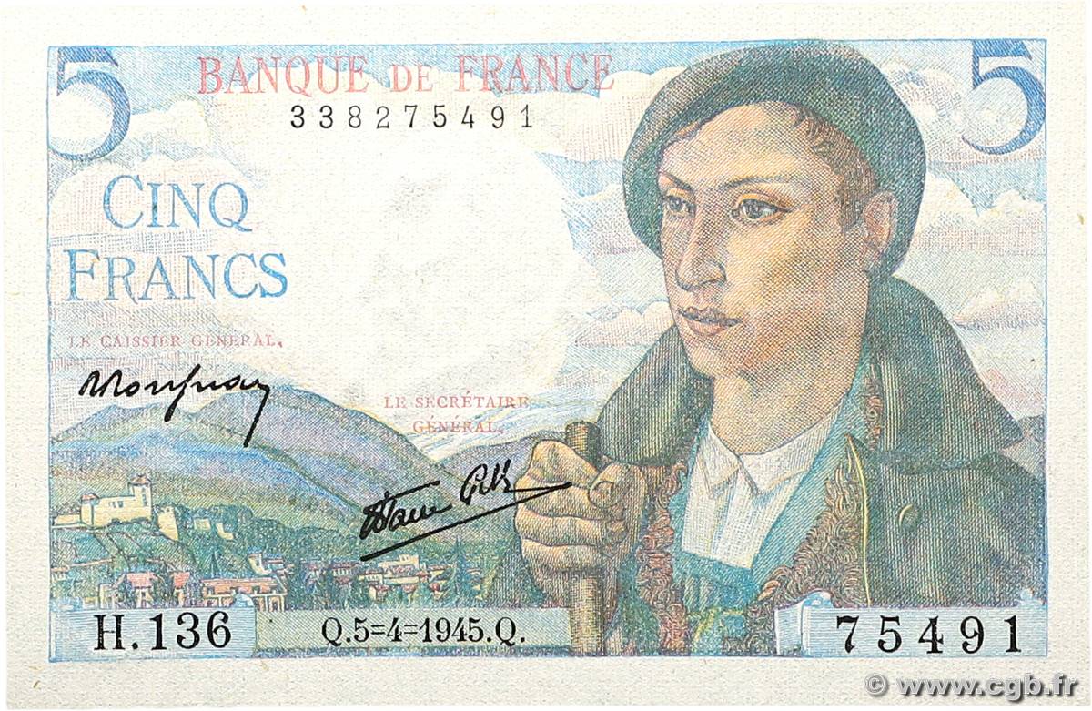 5 Francs BERGER FRANCE  1945 F.05.06 UNC