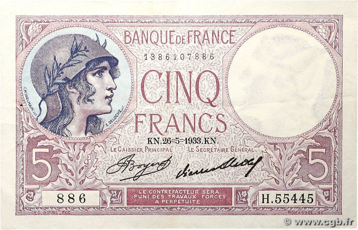 5 Francs FEMME CASQUÉE FRANCIA  1933 F.03.17 EBC