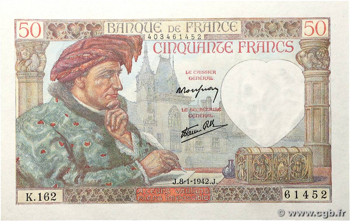 50 Francs JACQUES CŒUR FRANCE  1942 F.19.18 NEUF