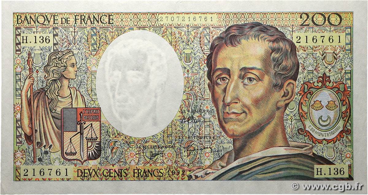 200 Francs MONTESQUIEU FRANCE  1992 F.70.12c SPL+