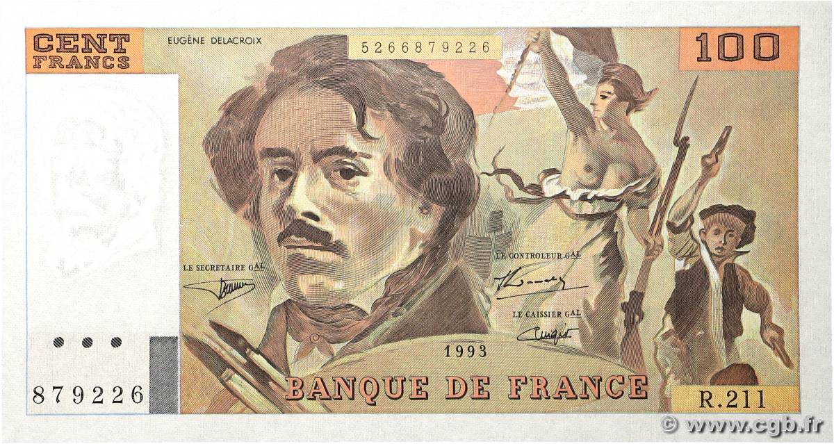 100 Francs DELACROIX imprimé en continu FRANCE  1993 F.69bis.05 UNC