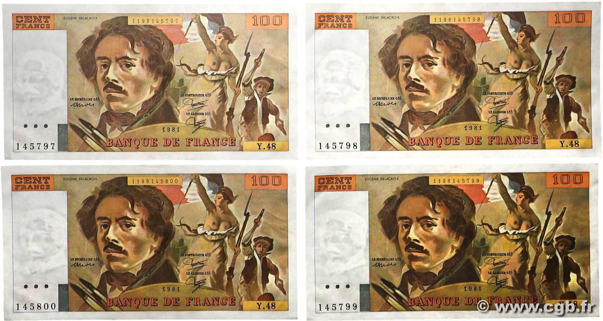 100 Francs DELACROIX modifié Consécutifs FRANCE  1981 F.69.05 AU+