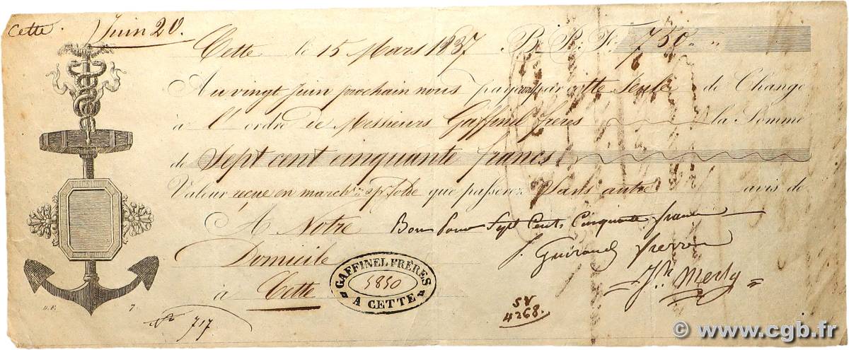 750 Francs FRANCE regionalism and miscellaneous Sete 1837 DOC.Chèque F+