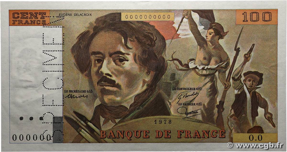 100 Francs DELACROIX modifié Spécimen FRANCE  1978 F.69.01Spn pr.NEUF