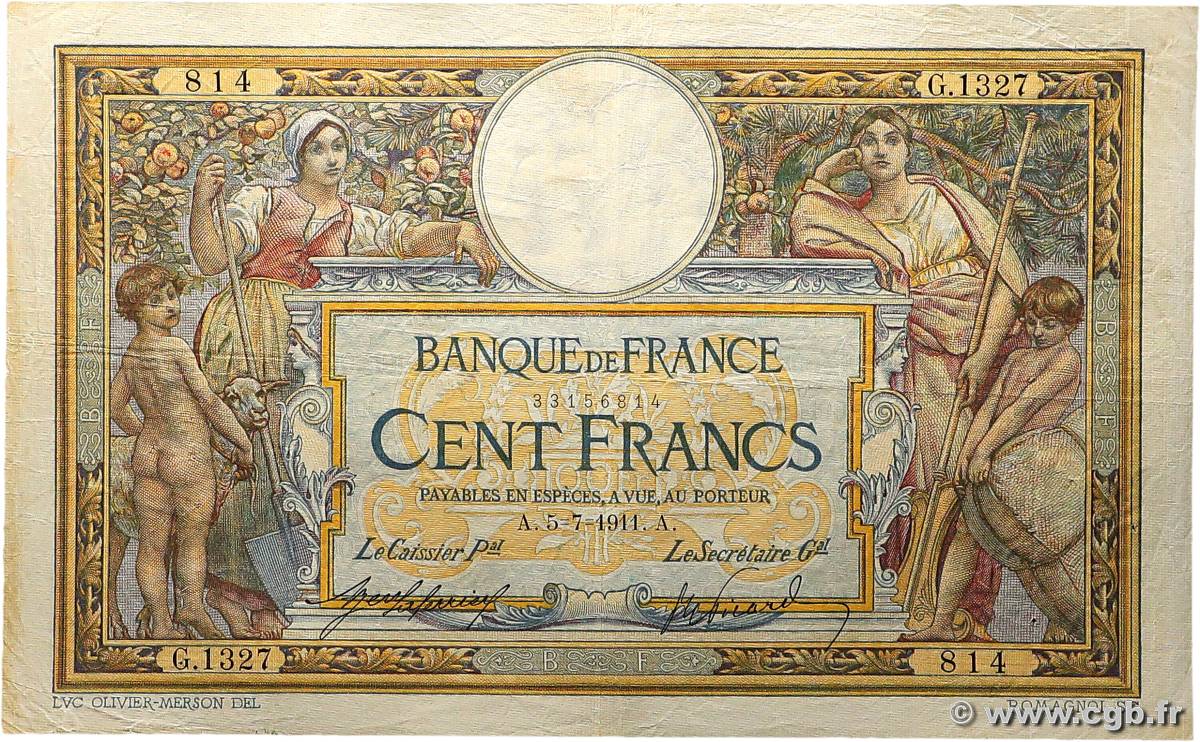 100 Francs LUC OLIVIER MERSON sans LOM FRANCIA  1911 F.23.03 RC+