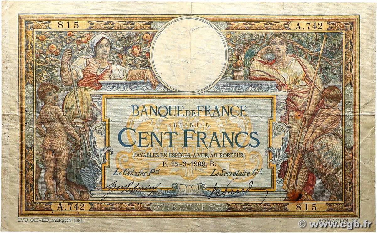100 Francs LUC OLIVIER MERSON avec LOM FRANCE  1909 F.22.02 pr.TB