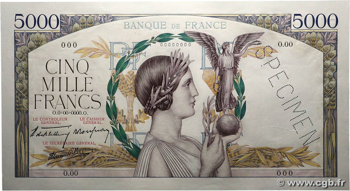 5000 Francs VICTOIRE Impression à plat Épreuve FRANCE  1938 F.46.00Ed NEUF