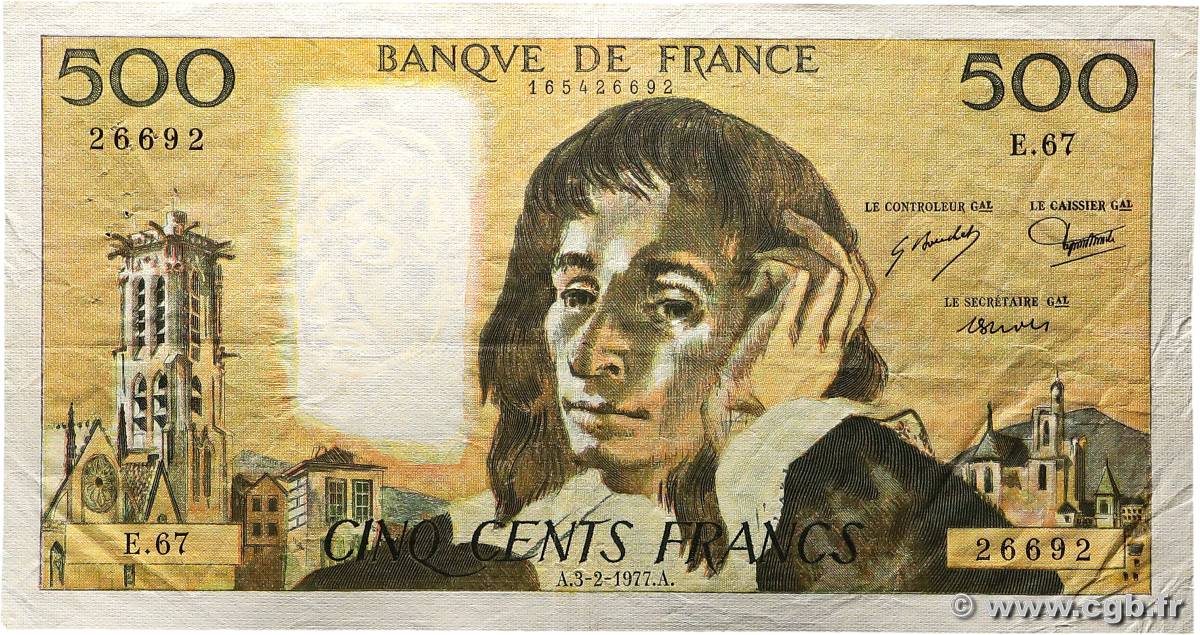 500 Francs PASCAL Fauté FRANCE  1977 F.71.16 VF+