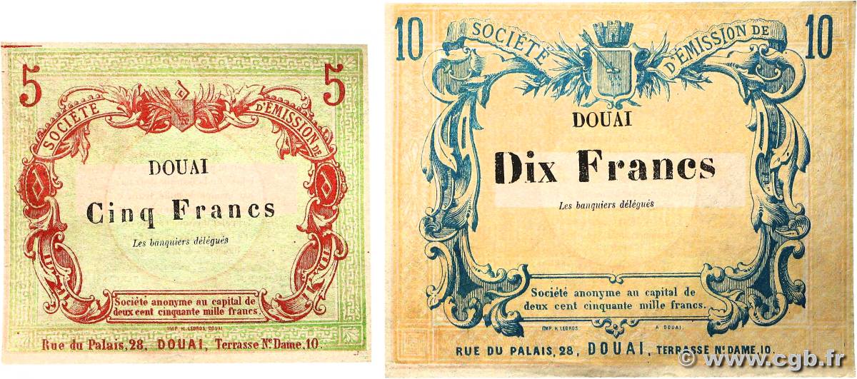 5 et 10 Francs Non émis FRANCE regionalismo y varios Douai 1870 BPM.063.22 et JER.59.23c SC+