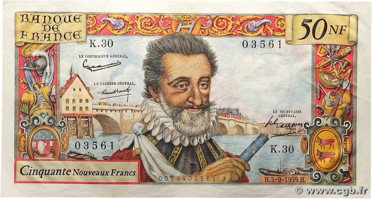 50 Nouveaux Francs HENRI IV FRANCE  1959 F.58.03 XF+